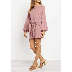 Light Pink Tight Knit Tie Front V-Neck Long Sleeve Wrap Belted Sweater‎ Dress